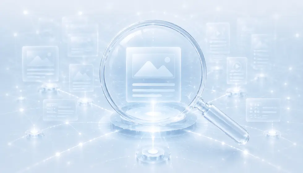 Transparente Lupe fokussiert einen digitalen Inhalt innerhalb einer vernetzten Informationsstruktur